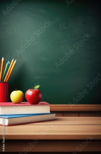 Back to school background with books and apple over blackboard.
