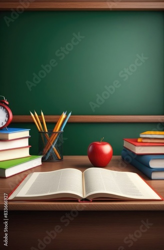 Back to school background with books and apple over blackboard.