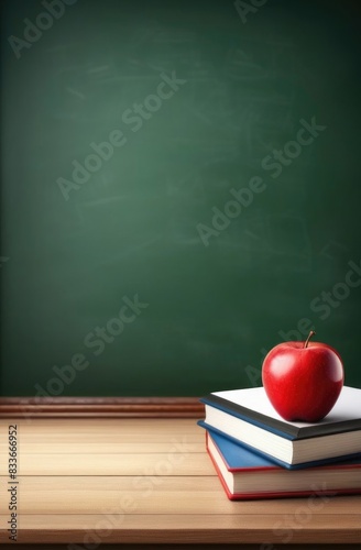 Back to school background with books and apple over blackboard.