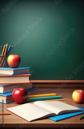 Back to school background with books and apple over blackboard.
