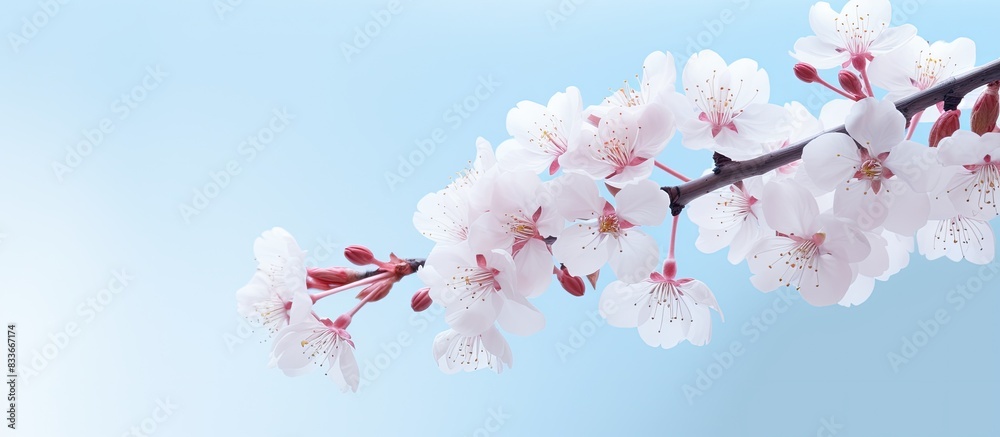 A beautiful cherry blossom with a light sky blue background in the copy space image A beautiful cherry blossom with a light sky blue background in the copy space image