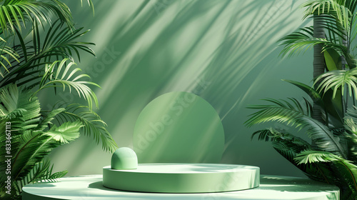 a green podium with palm trees and a round object © Eva