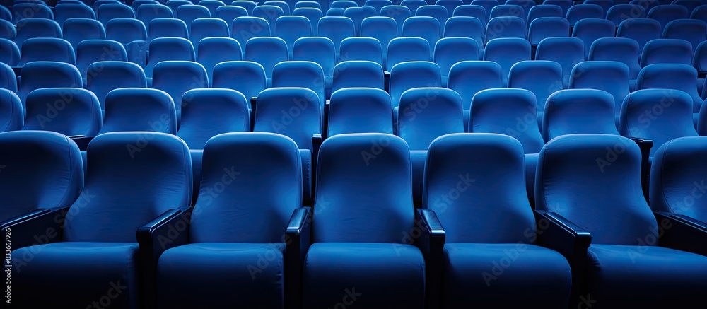 Rows of blue seats in a hall with a copy space image provide a comfortable cinema experience for spectators Rows of blue seats in a hall with a copy space image provide a comfortable cinema experience for spectators