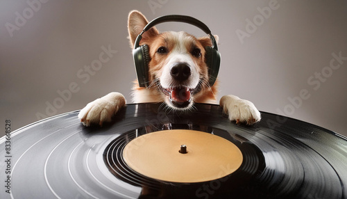 Dog d listening to music with headphones. 