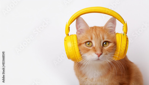 Ginger cute cat in the bright yellow headphones on white  background.