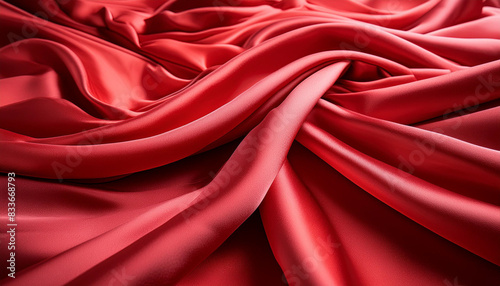 Red silk fabric with folds and small waves .
