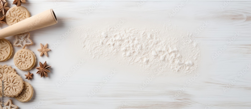 A composition featuring a copy space image with cookie cutters a whisker and a rolling pin on a white textured wooden surface as seen from above A composition featuring a copy space image with cookie cutters a whisker and a rolling pin on a white textured wooden surface as seen from above