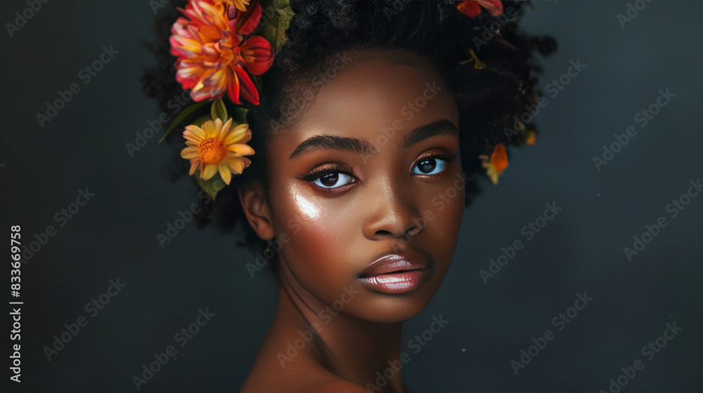 Elegant portrait of a young black woman with a short Afro, wearing vibrant flowers in her hair, and displaying stunning makeup and moist lips, set against a dark studio backdrop. Elegant portrait of a young black woman with a short Afro, wearing vibrant flowers in her hair, and displaying stunning makeup and moist lips, set against a dark studio backdrop.