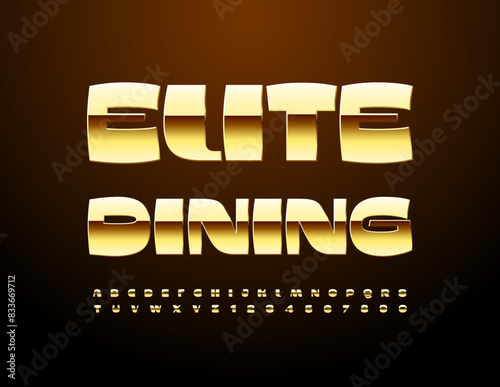 Vector stylish advertisement Elite Dining. Elite Gold Font. Trendy Alphabet Letters and Numbers set.