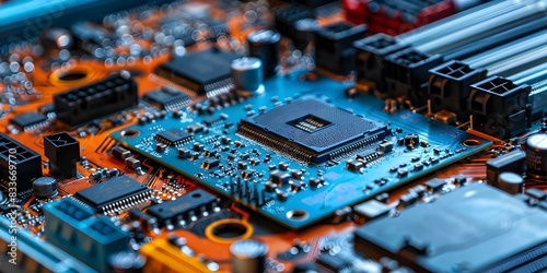 Image of electronic waste including motherboard CPU microchips on white background. Concept Electronic Waste, Motherboard, CPU, Microchips, White Background photo