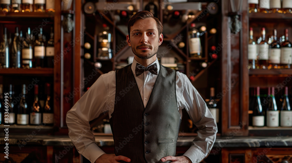Fototapeta premium Elegant sommelier wearing a traditional attire, including a vest and bow tie, standing in front of an ornate wine rack, exuding expertise and sophistication.