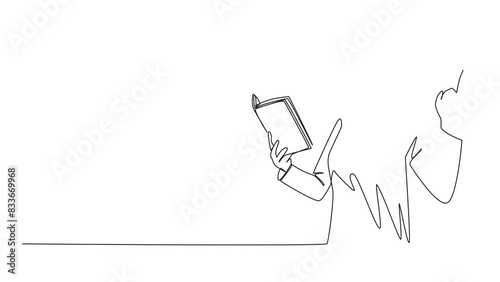 Animation of single line drawing Arab woman standing reading book. Gesture gets idea. Book can see from different points of view. Brilliant. Continuous line self drawing animated. Full length motion photo