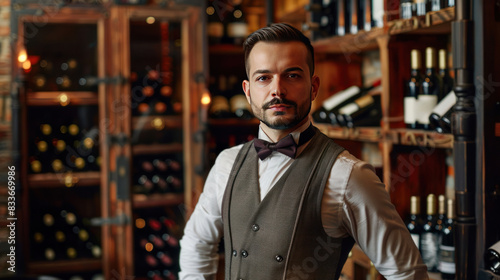 Elegant sommelier wearing a traditional attire, including a vest and bow tie, standing in front of an ornate wine rack, exuding expertise and sophistication.