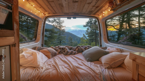 Embrace the enchantment of van life at dusk, where a sleeping space in a van reveals a mesmerizing natural vista at its doorstep, infusing comfort with the raw beauty of nature's showcase. © NooPaew