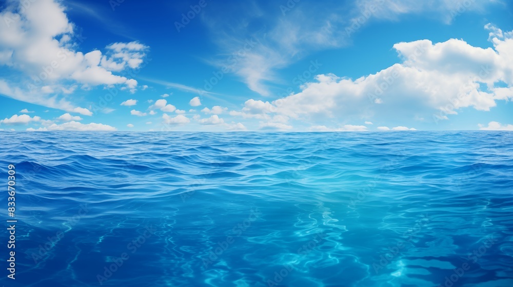 Obraz premium A Clear, Endless Ocean Beneath a Vibrant Blue Sky with White Clouds