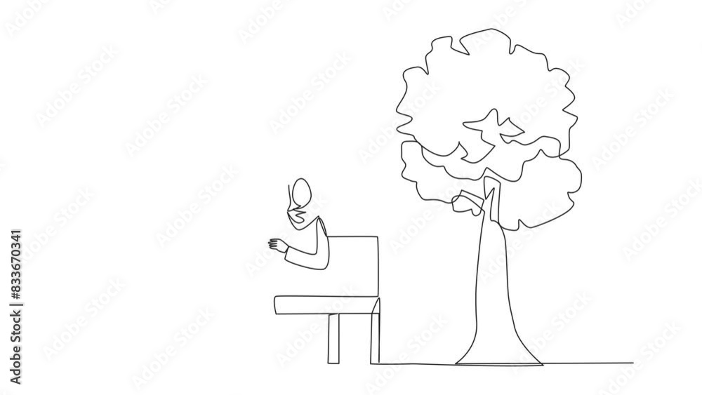 Animation of single line drawing Arabian woman sitting on park bench ...