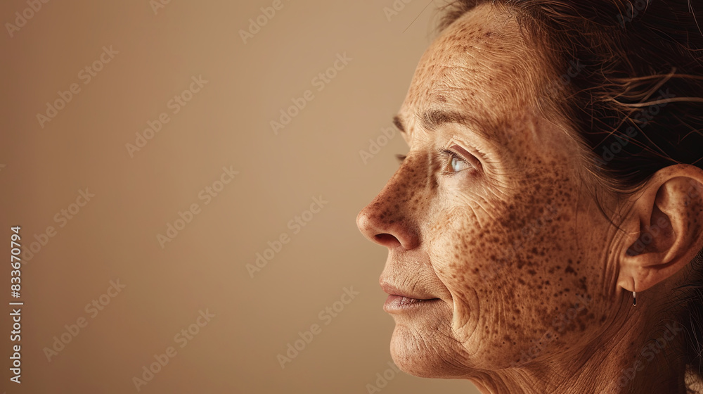 Obraz premium Advertising commercial banner, profile portrait of senior woman with mature skin pigmentation, beige isolated background with copy space. Concepts of skin aging, age changes, cosmetology, dermatology