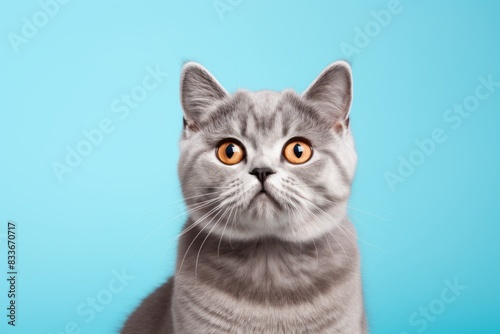 Portrait of a cute american shorthair cat in front of pastel blue background © Markus Schröder