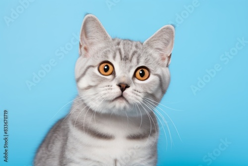 Portrait of a cute american shorthair cat in front of pastel blue background