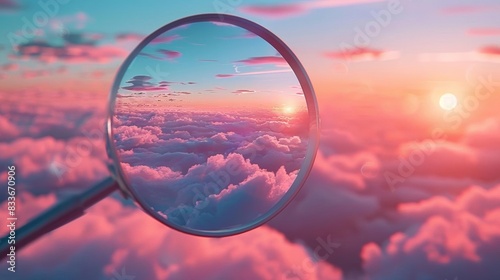 Craft a 3D depiction of a serene sky scene focused through a magnifying glass © Nattadesh