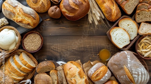 A table filled with different types of bread, leaving ample copy space in the center