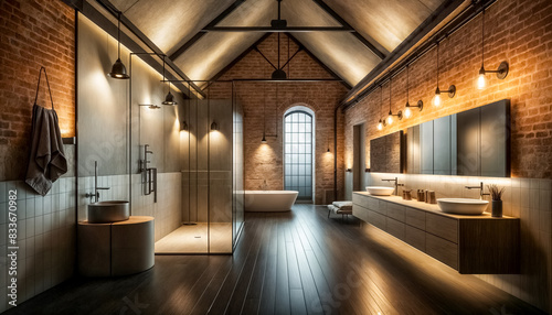 A contemporary bathroom with an industrial style  featuring a large walk-in shower and freestanding bathtub