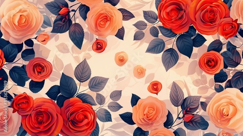 Red and pink roses and blue leaves on a beige background.