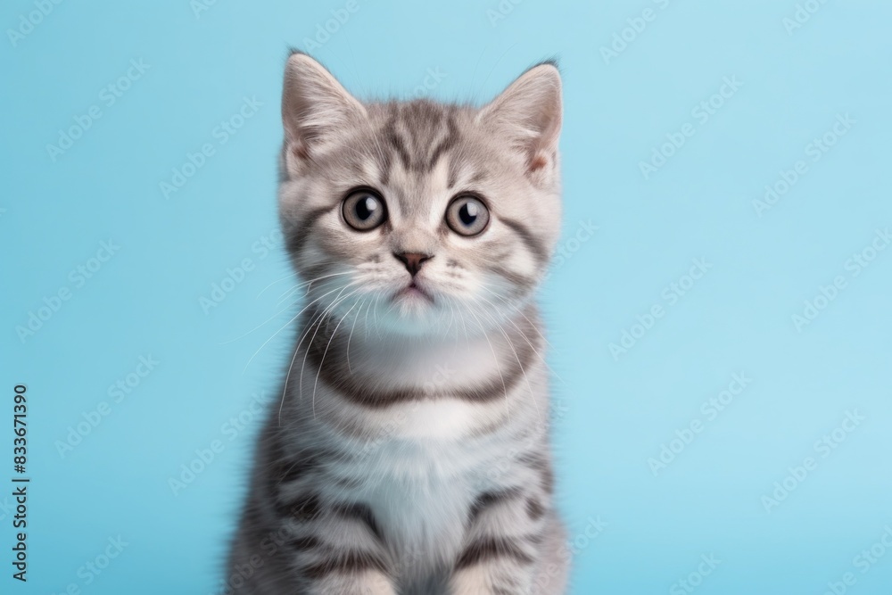 Portrait of a funny american shorthair cat isolated in pastel blue background