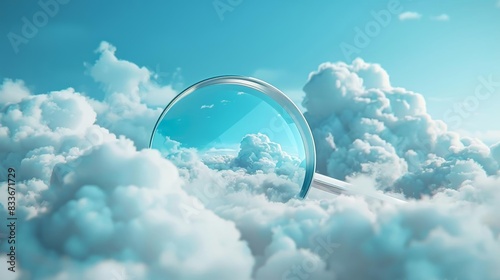 Design a flat minimalstyle 3D illustration of a cloud and sky panorama as seen through a magnifying glass photo
