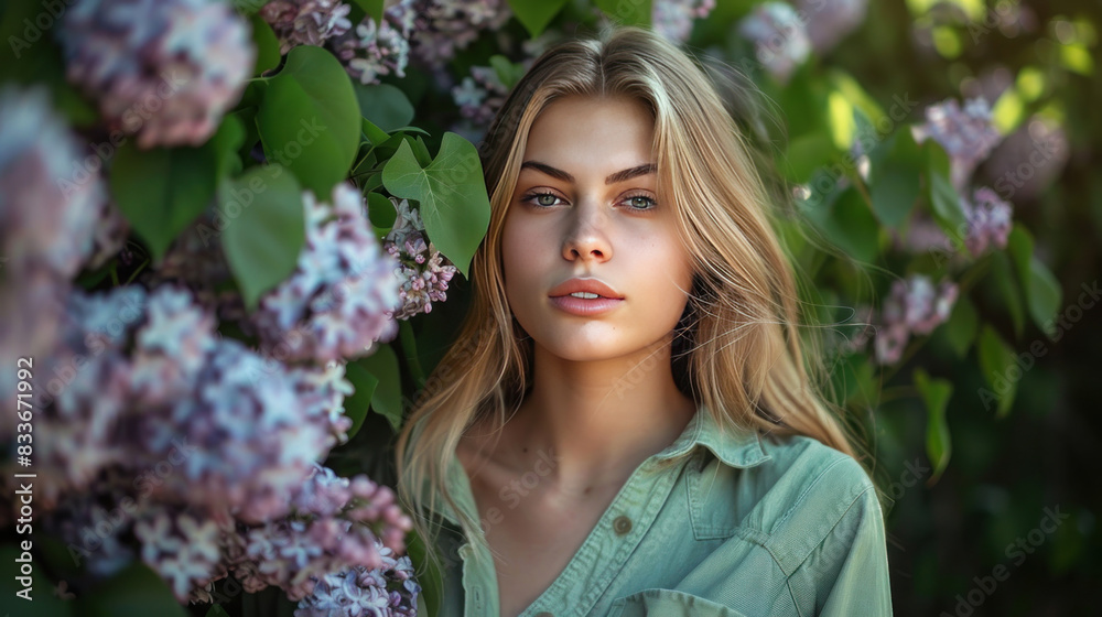 Fashionable blonde woman in a green shirt enjoying the fragrant lilac blossoms, standing close to a lilac tree, creating a striking contrast with the lush blooms. Fashionable blonde woman in a green shirt enjoying the fragrant lilac blossoms, standing close to a lilac tree, creating a striking contrast with the lush blooms.