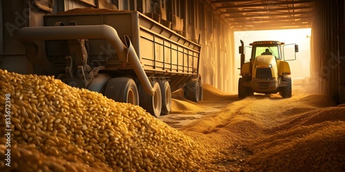 Machines harvest and store soybeans in trucks for transportation. Concept Agricultural Technology, Soybean Harvesting, Transportation Logistics, Machinery Efficiency, Sustainable Farming photo
