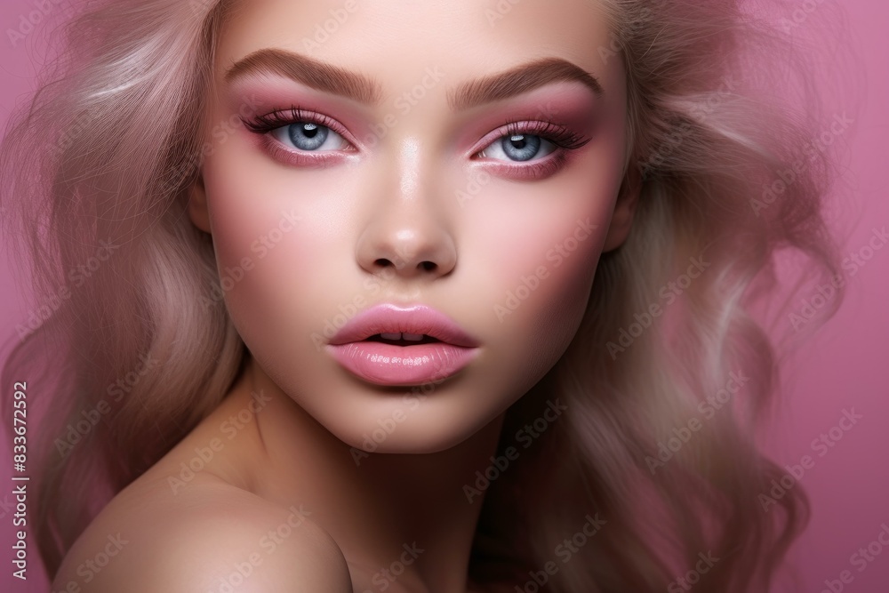 Close-up of a young woman with flawless makeup and pink hair against a pink backdrop Close-up of a young woman with flawless makeup and pink hair against a pink backdrop