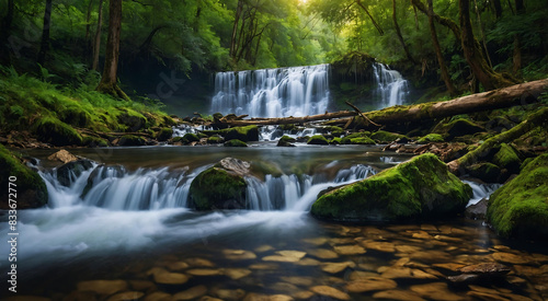 Majestic Forest Waterfall Background Nature Green