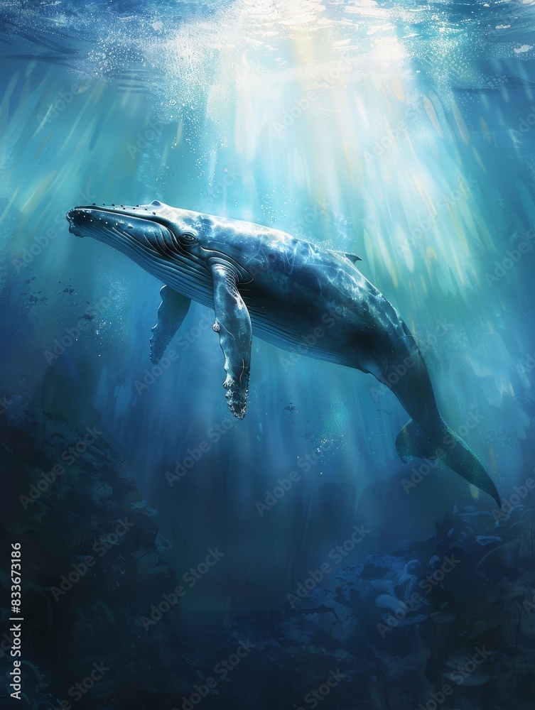 Fototapeta premium Majestic Whale Gliding in Sunlit Underwater Seascape
