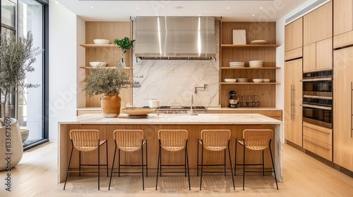 a simple minimalist modern gourmet kitchen featuring natural oak cabinets and open shelves  exuding elegance and functionality.