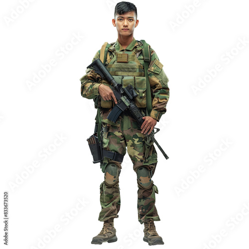 marine infantry, commando soldier in full protective ammunition, standing with service rifle equipped grenade launcher. isolated on white background. AI Generative