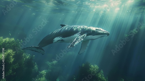 Serene Whale Gliding Through Tranquil Underwater Realm with Natural Light Filtering Down