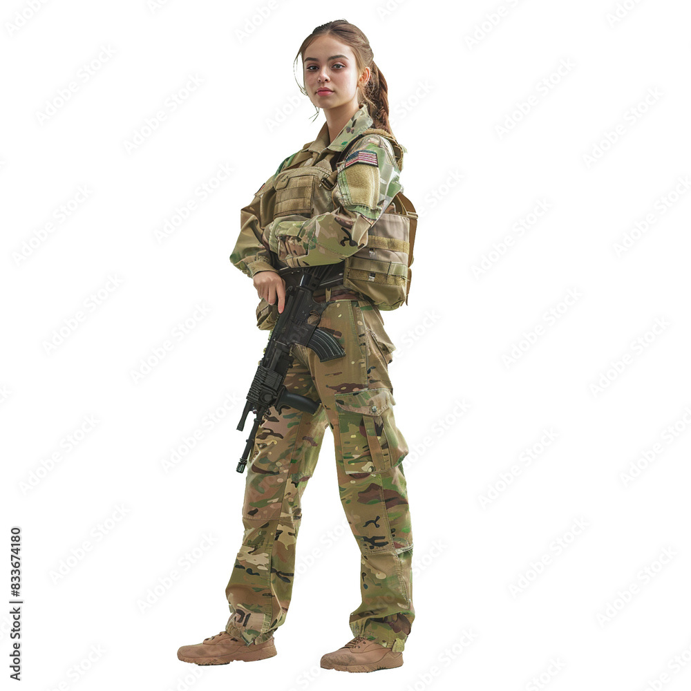 Gorgeous lady holds a plastic rifle while wearing a military Army uniform on a white transparent background Gorgeous lady holds a plastic rifle while wearing a military Army uniform on a white transparent background