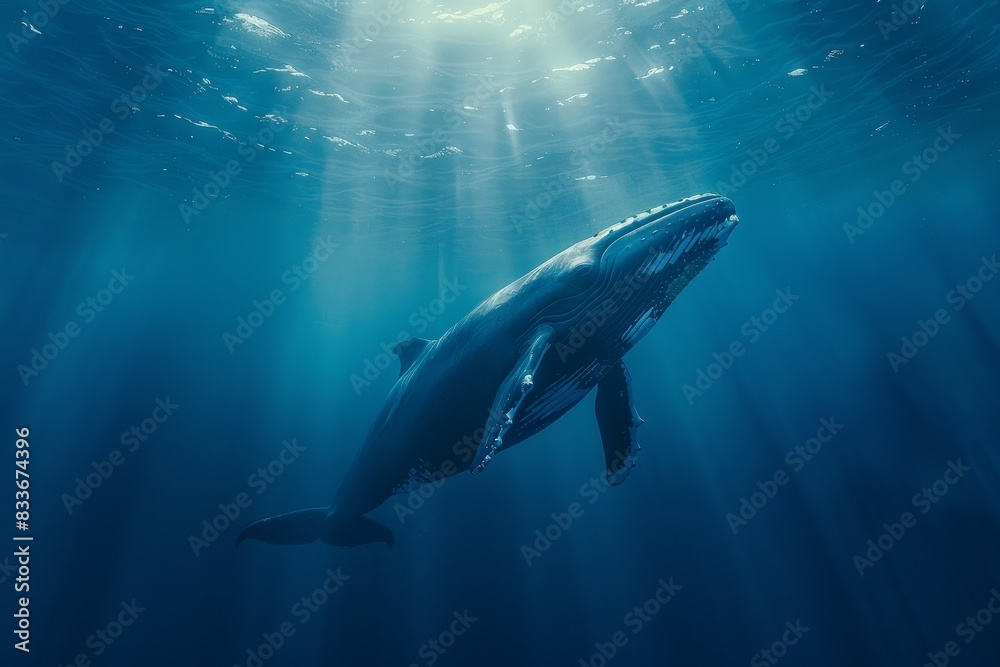 Fototapeta premium Graceful Humpback Whale Gliding Through Pristine Blue Waters Under Gentle Sunlight Illumination