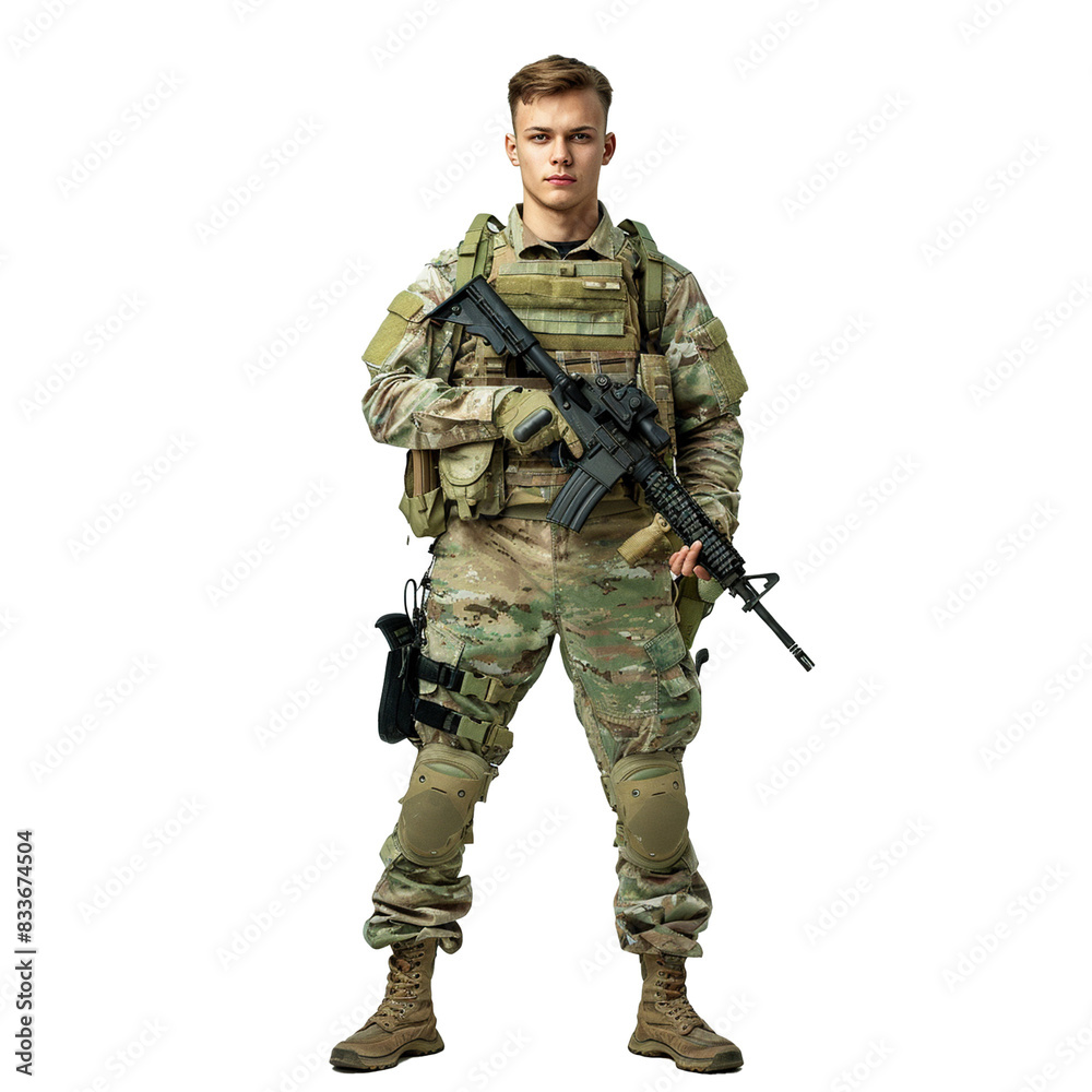marine infantry, commando soldier in full protective ammunition, standing with service rifle equipped grenade launcher. isolated on white background. AI Generative marine infantry, commando soldier in full protective ammunition, standing with service rifle equipped grenade launcher. isolated on white background. AI Generative