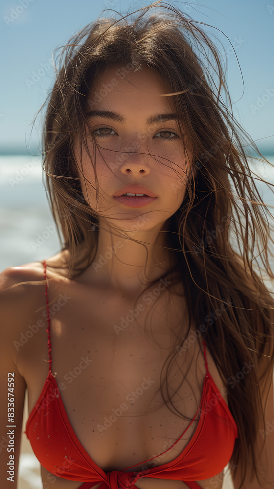 brunette model standing next to ocean and posing in red bikini; portrait of 20s woman on the beach; girl looking directly into camera; long dark hairs blowed by the wind; summer beach look close up brunette model standing next to ocean and posing in red bikini; portrait of 20s woman on the beach; girl looking directly into camera; long dark hairs blowed by the wind; summer beach look close up