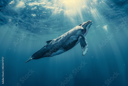 Graceful Whale Gliding in Crystal Clear Waters under Gentle Sunlight Glow