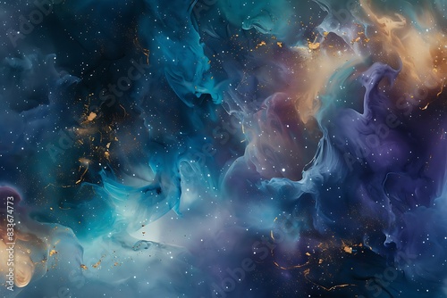 Swirling nebula of blues and purples with golden accents photo