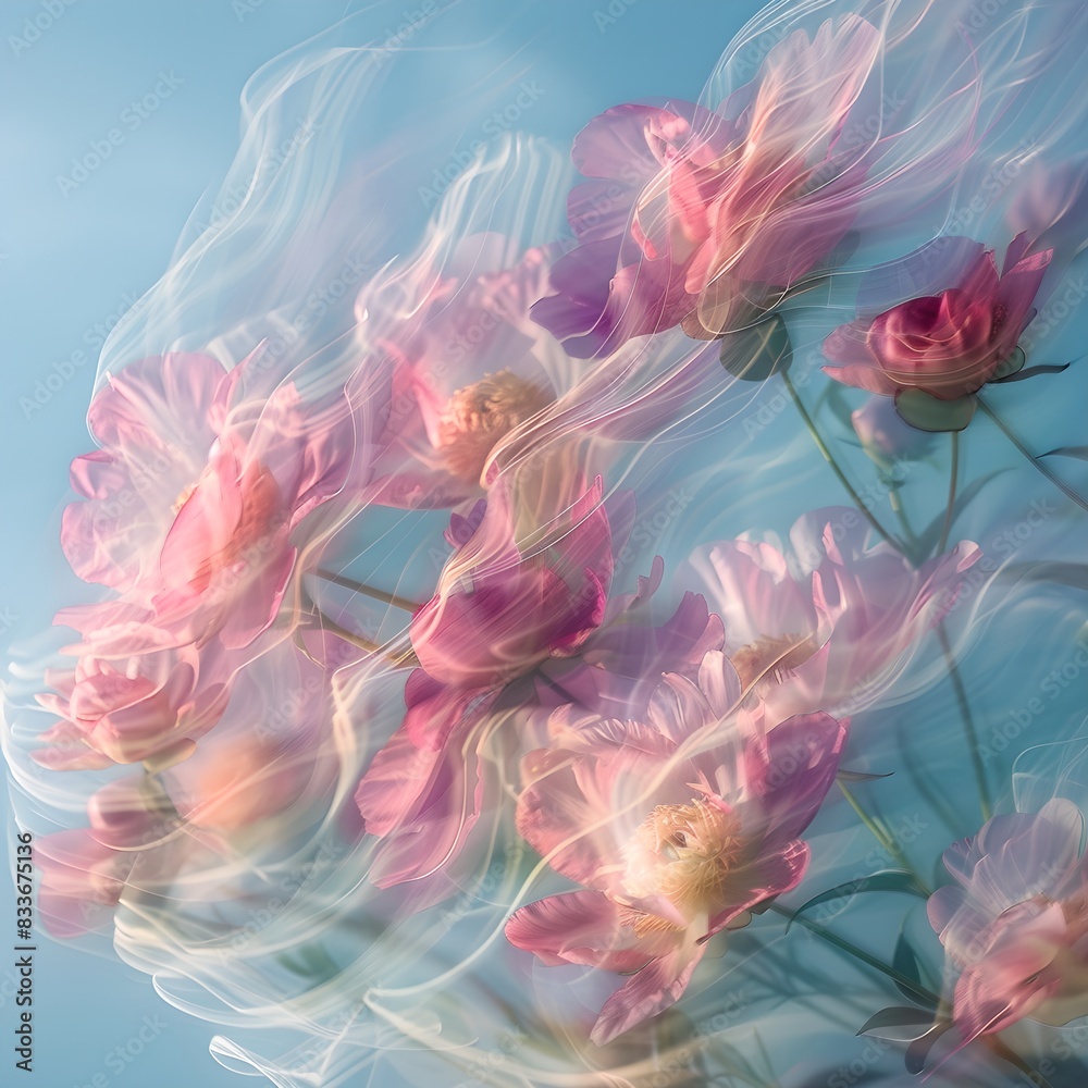 Obraz premium Soft-focus Peony flowers sway in the wind against a blue sky with a motion effect.
