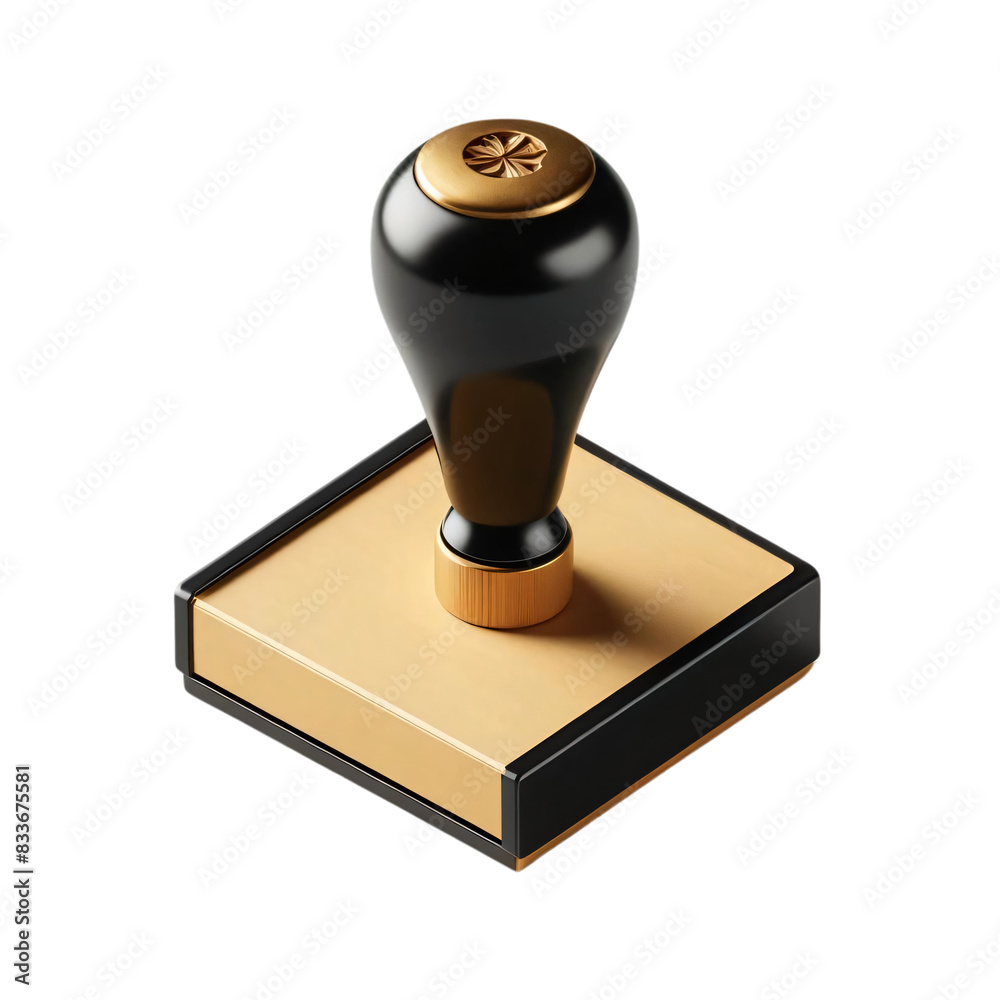 A rubber stamp with a black handle and a golden rectangular base on a transparent background. The handle has a metallic knob on the side A rubber stamp with a black handle and a golden rectangular base on a transparent background. The handle has a metallic knob on the side