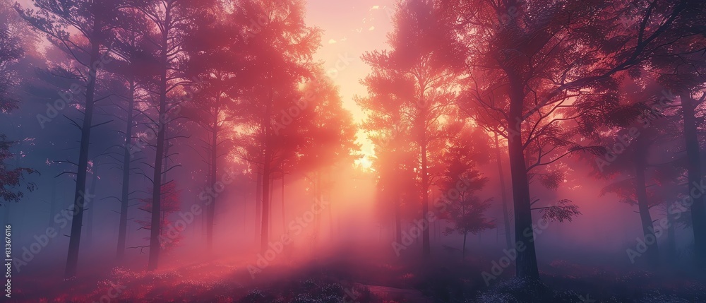 Long shot of an ethereal, mist-covered forest at dawn, trees casting long shadows, soft pink and purple hues in the sky, photorealistic quality, serene and mysterious ambiance
