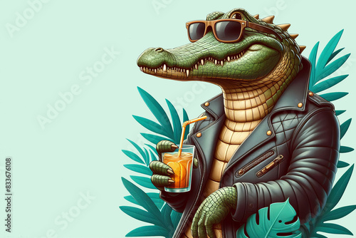 Stylish alligator exudes cool vibe in leather jacket, sipping drink. Whimsical blend of fashion and wildlife