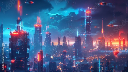 Futuristic Cityscape at Night: Illustrate a high-tech cityscape at night, with glowing skyscrapers and flying vehicles.