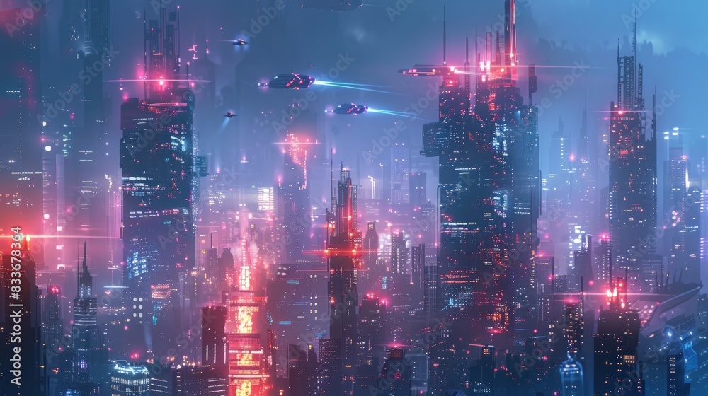 Futuristic Cityscape at Night: Illustrate a high-tech cityscape at night, with glowing skyscrapers and flying vehicles.