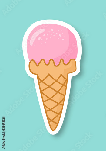 Pink ice cream ball in a waffle cone on a blue background. Trendy pop art design of the 80s. Vector EPS 10.